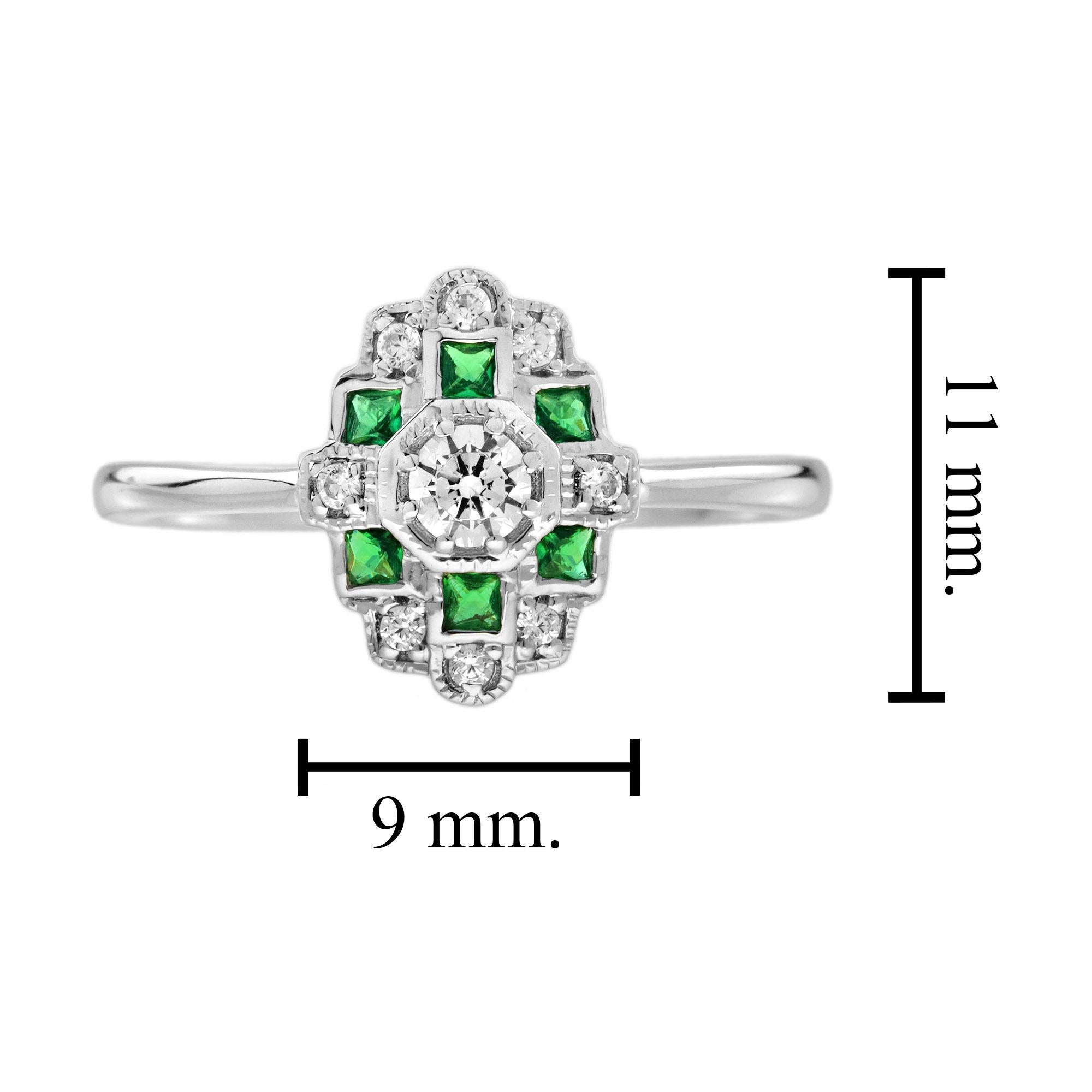 Anello a raggiera con diamanti e smeraldi in stile Art Déco in oro bianco 14 carati in vendita 2