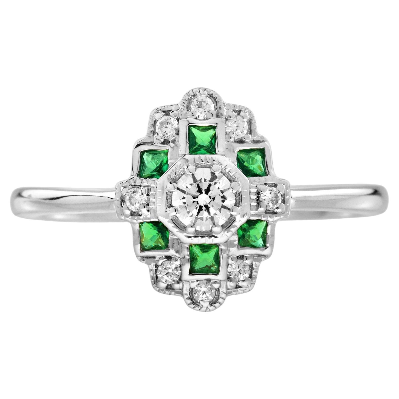 Diamond and Emerald Art Deco Style Halo Ring in 14K White Gold