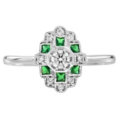 Anello a raggiera con diamanti e smeraldi in stile Art Déco in oro bianco 14 carati