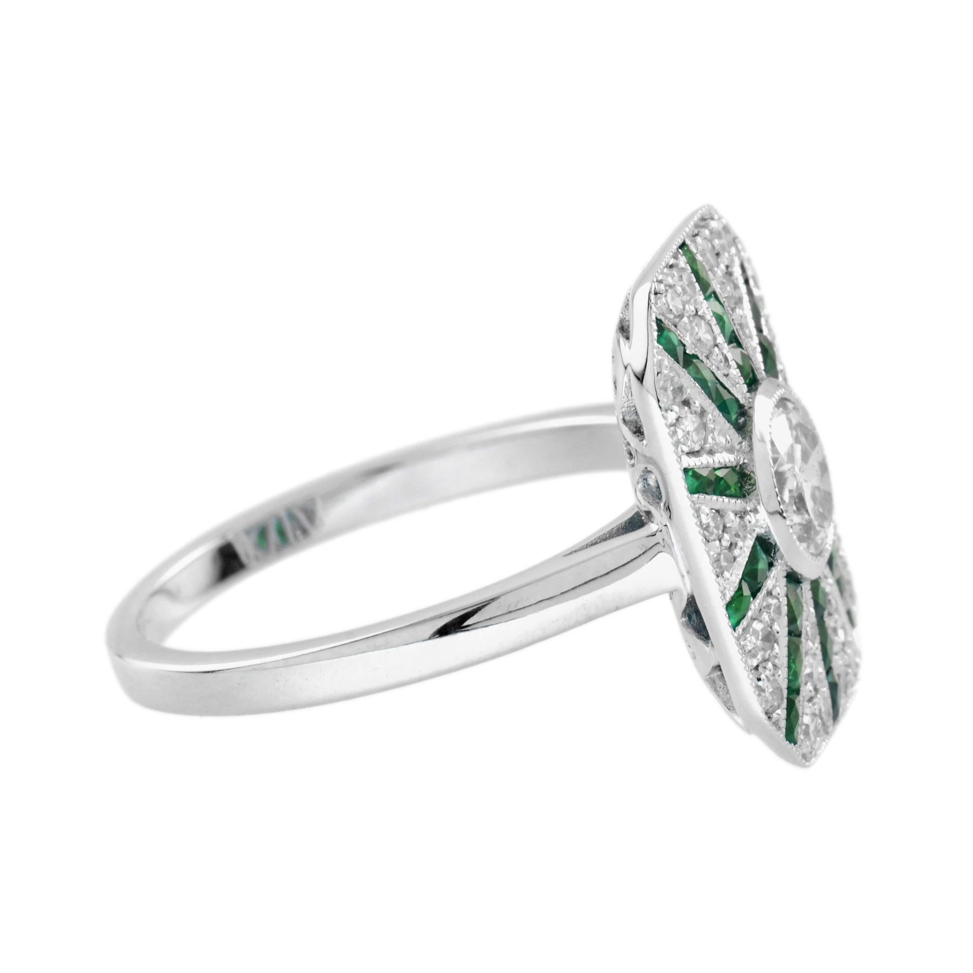 For Sale:  Diamond and Emerald Art Deco Style Halo Ring in 18K White Gold 4