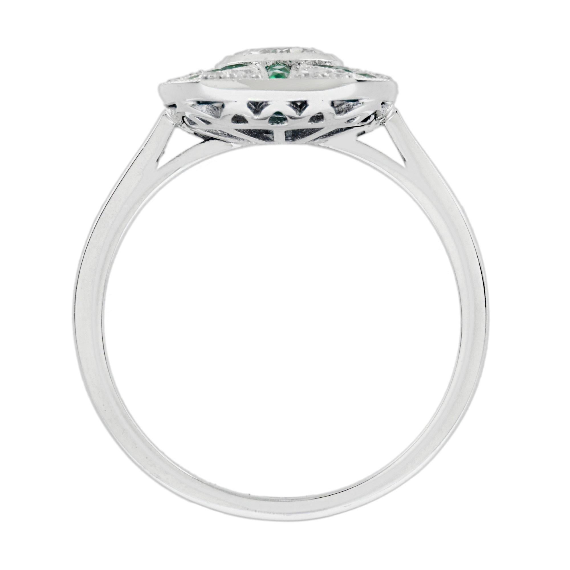 For Sale:  Diamond and Emerald Art Deco Style Halo Ring in 18K White Gold 6