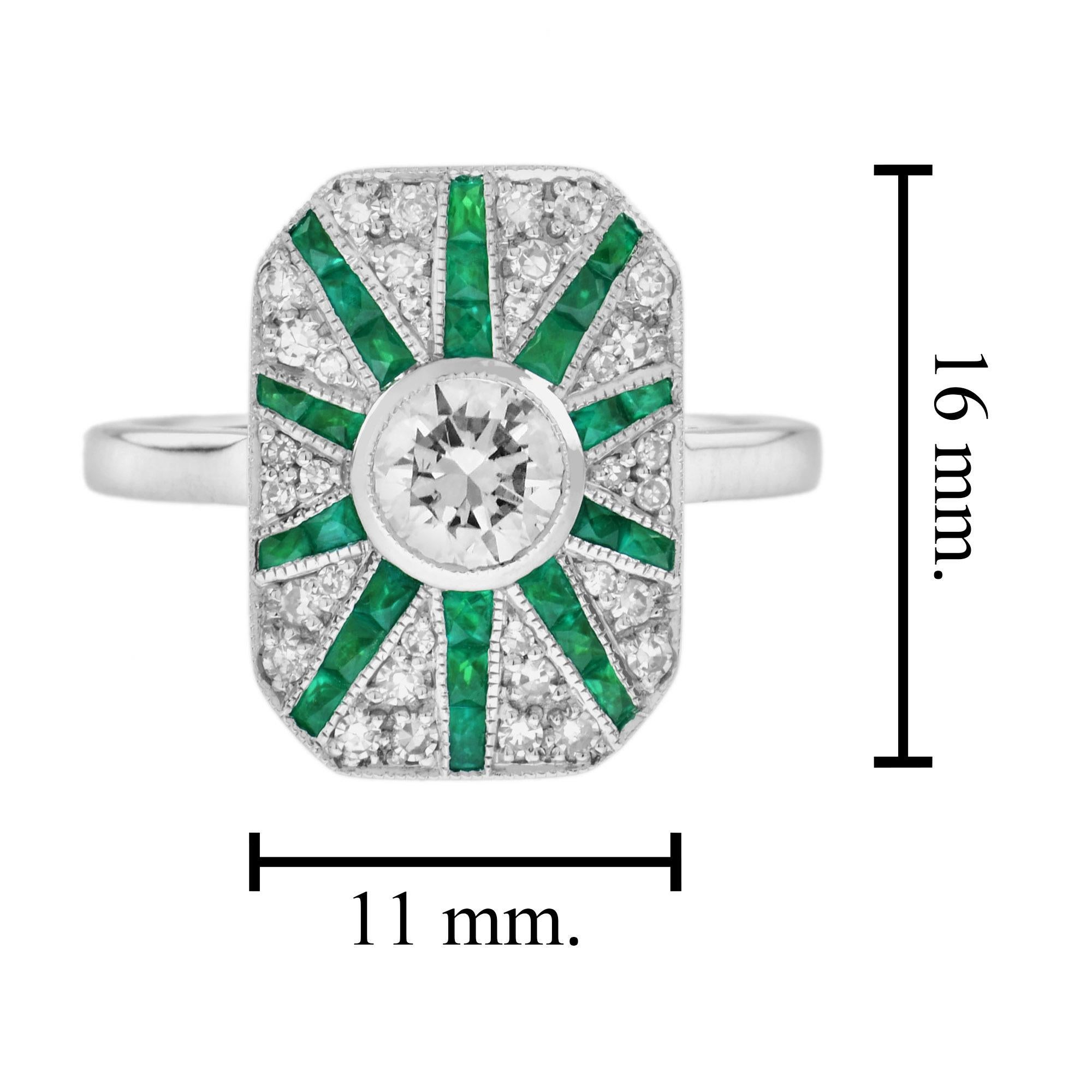For Sale:  Diamond and Emerald Art Deco Style Halo Ring in 18K White Gold 7