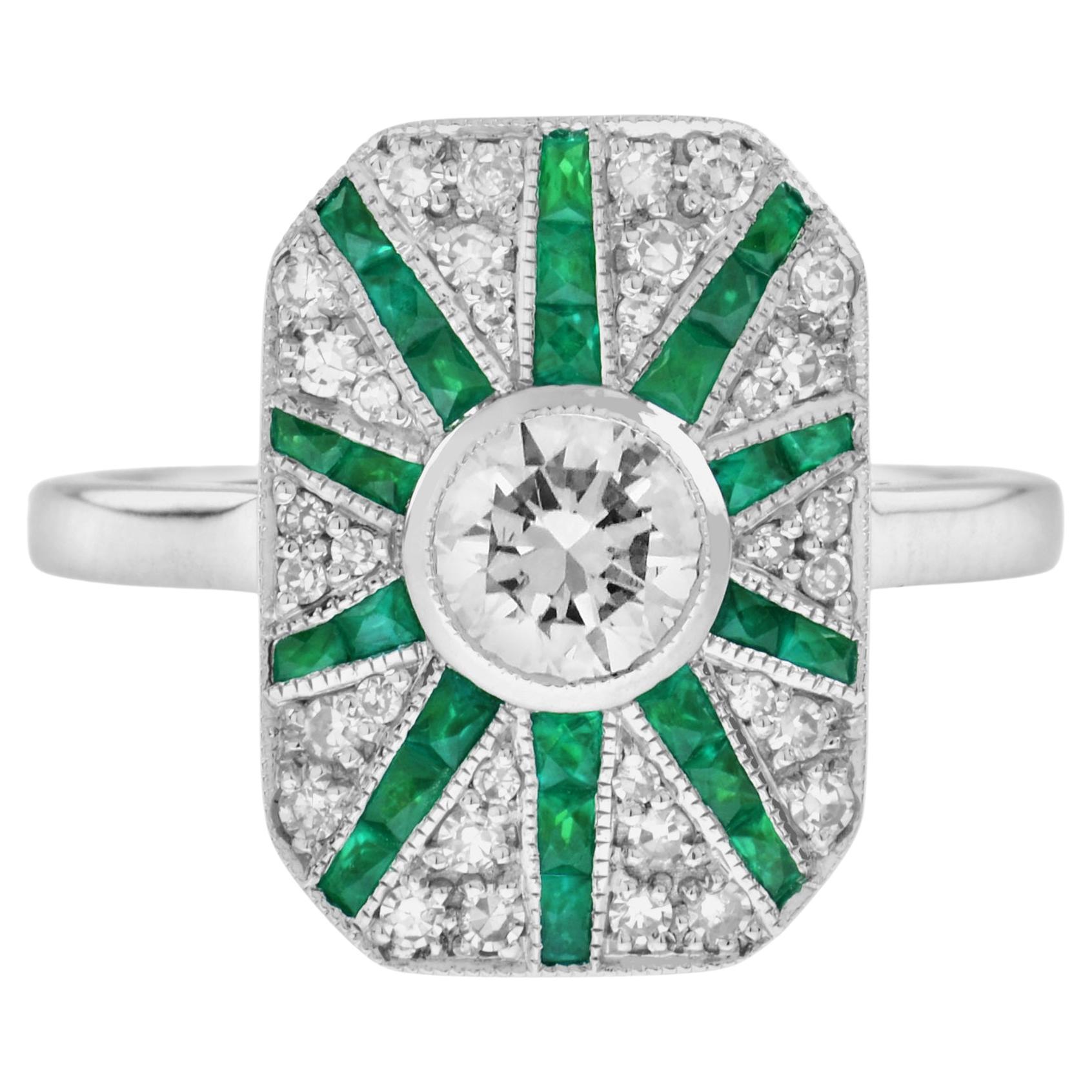 For Sale:  Diamond and Emerald Art Deco Style Halo Ring in 18K White Gold