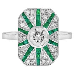 Diamond and Emerald Art Deco Style Halo Ring in 18K White Gold