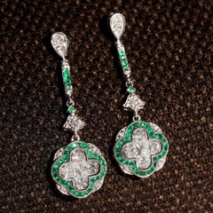 Diamond and Emerald Art Deco Style Lily Shape Drop Earrings in 18K White Gold