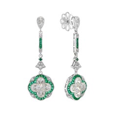 Diamond and Emerald Art Deco Style Lily Shape Drop Earrings in 18K White Gold