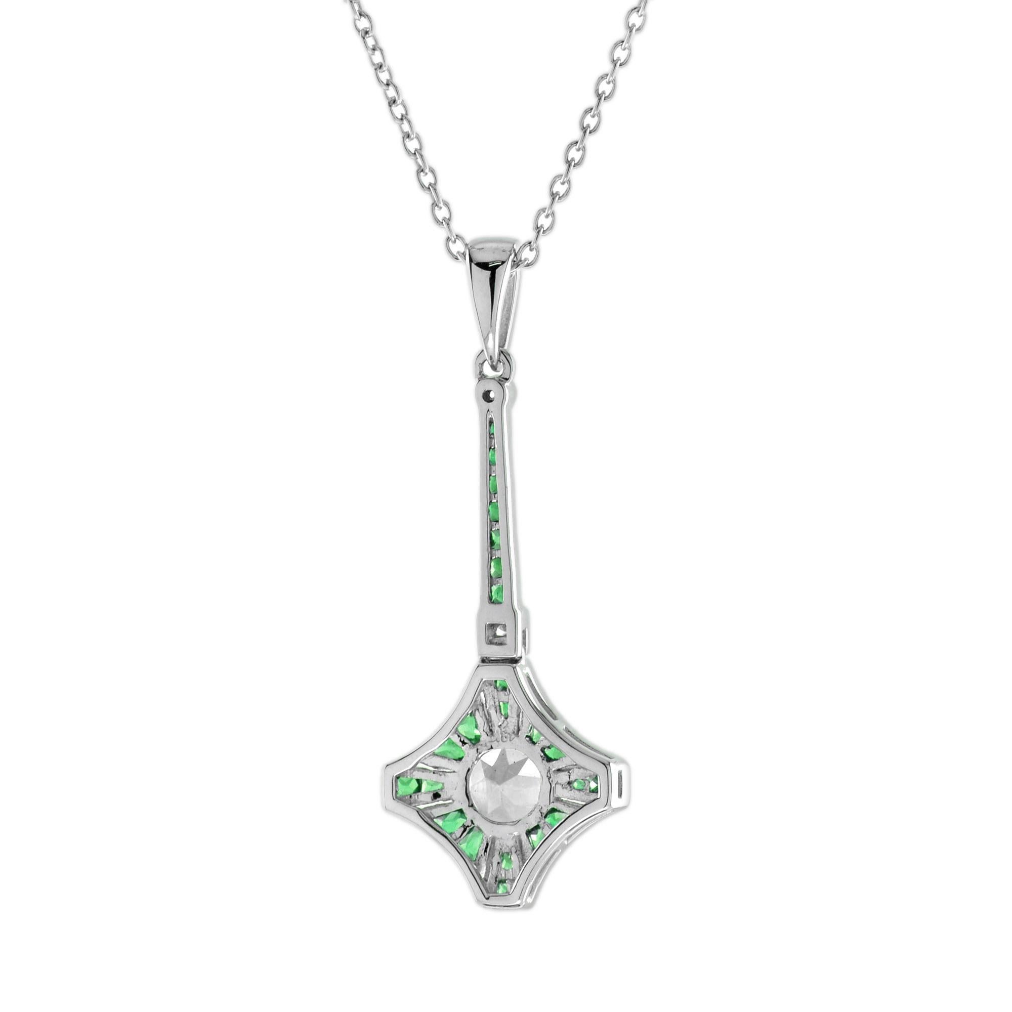 Taglio rotondo Collana in stile Art Deco con diamanti e smeraldi in oro bianco 14 carati in vendita