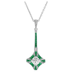 Diamond and Emerald Art Deco Style Necklace in 14K White Gold