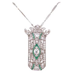 Diamond and Emerald Art Deco Style Platinum Brooch Pendant Necklace Fine Estate