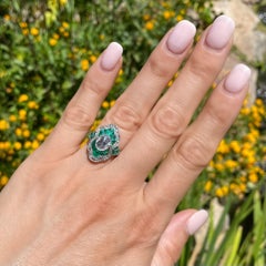 Diamond and Emerald Art Deco Style Platinum Ring Estate Fine Jewelry