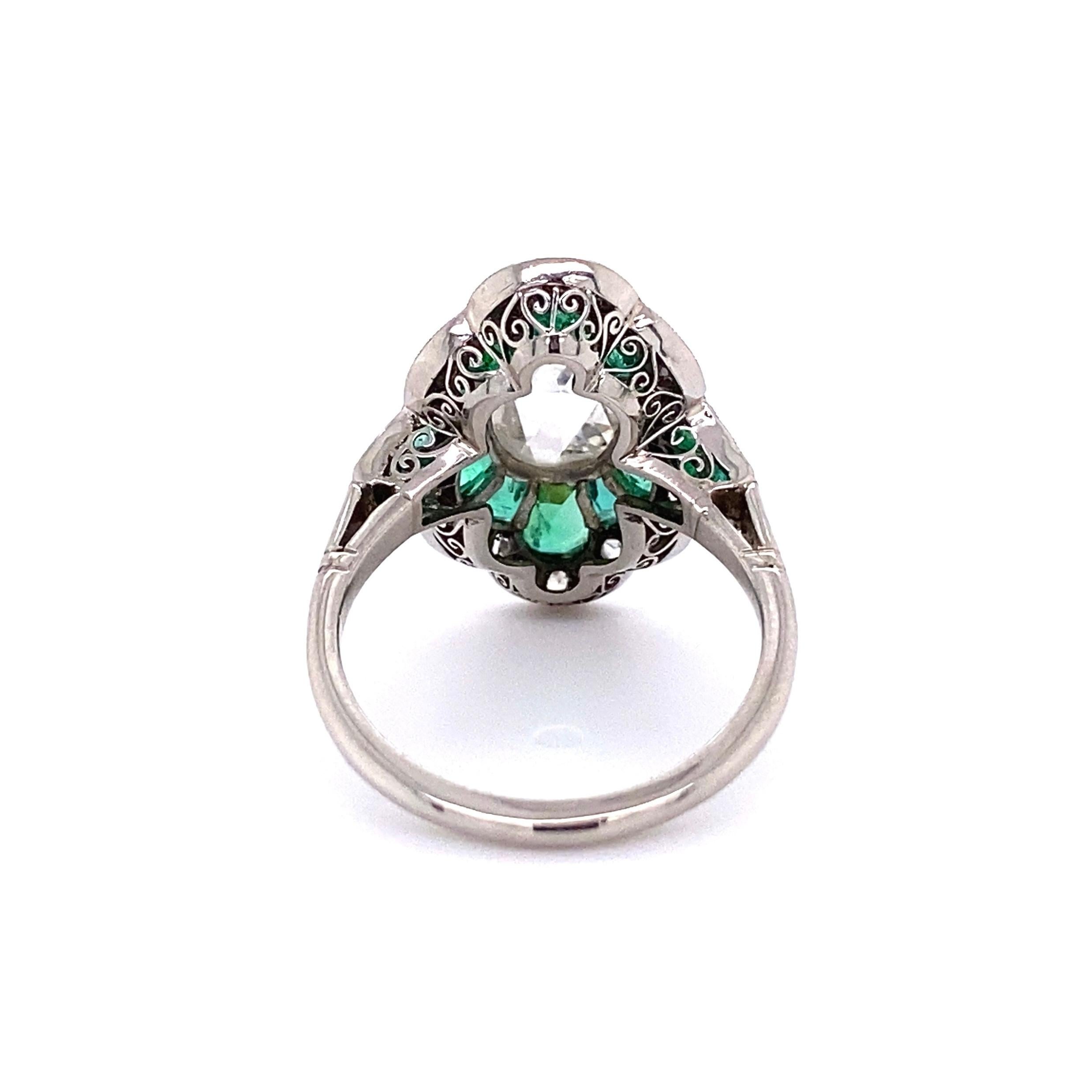 Mixed Cut Diamond and Emerald Art Deco Style Platinum Ring Estate Fine Jewelry