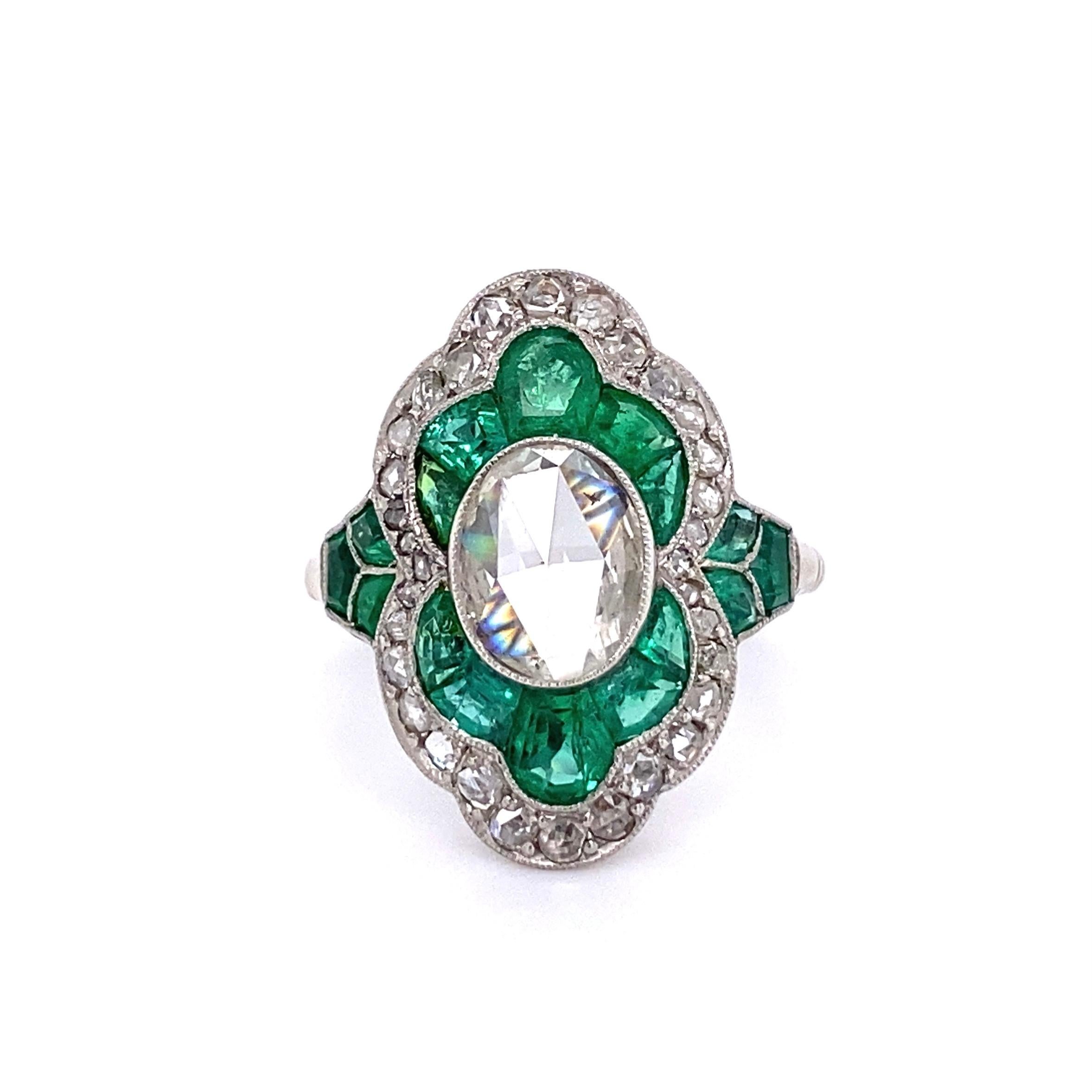 Women's Diamond and Emerald Art Deco Style Platinum Ring Estate Fine Jewelry