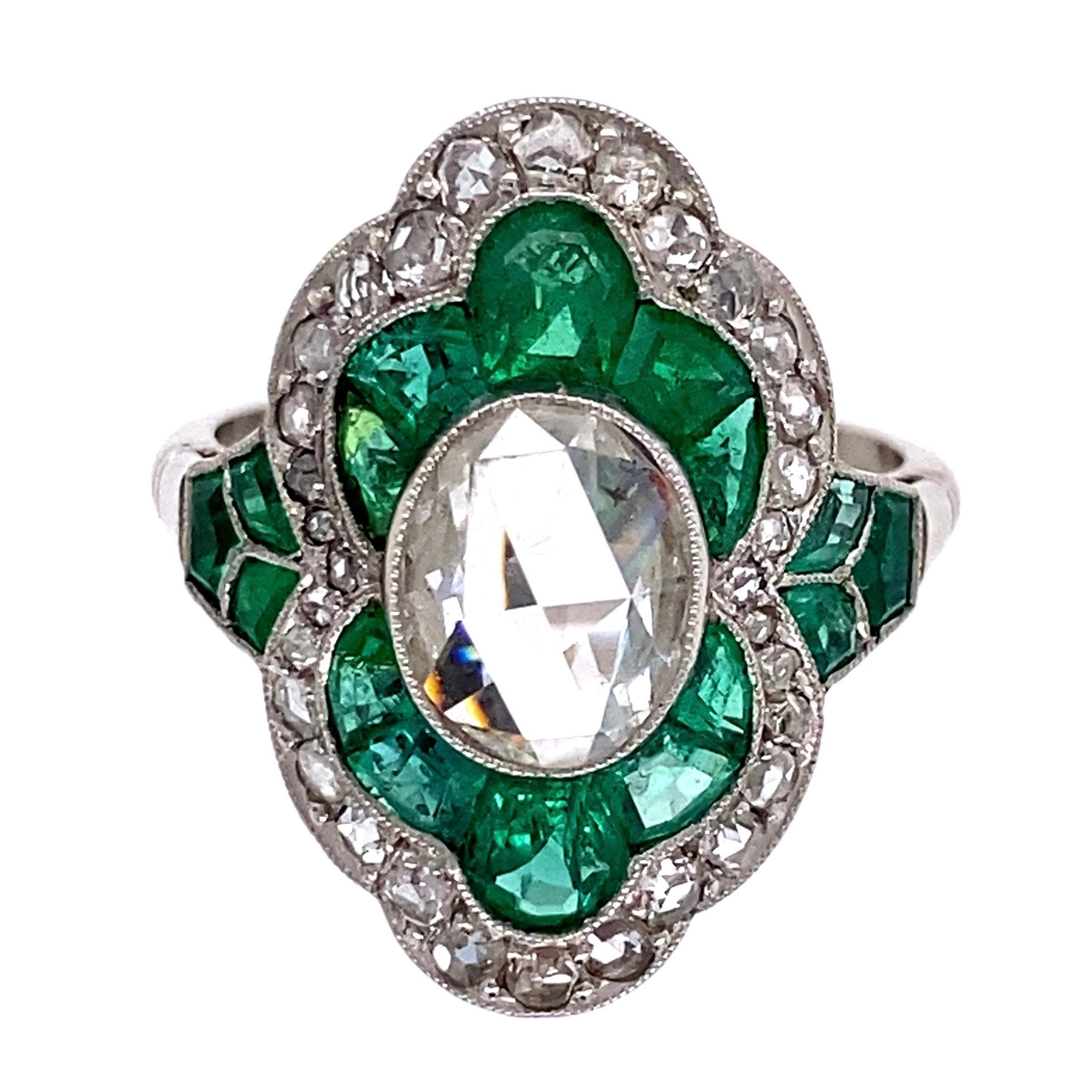 Diamond and Emerald Art Deco Style Platinum Ring Estate Fine Jewelry