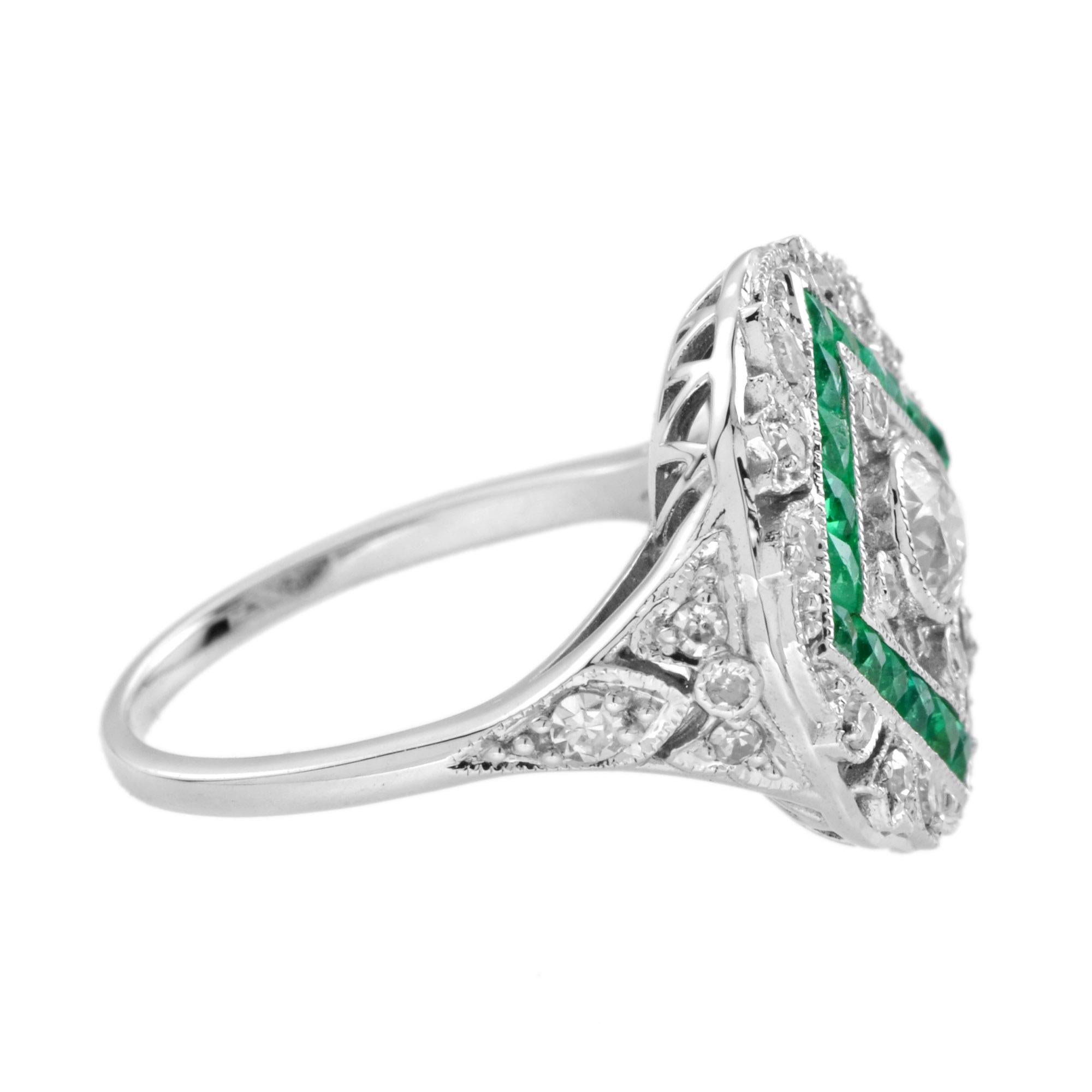 Women's Diamond and Emerald Art Deco Style Ring in 18K White Gold