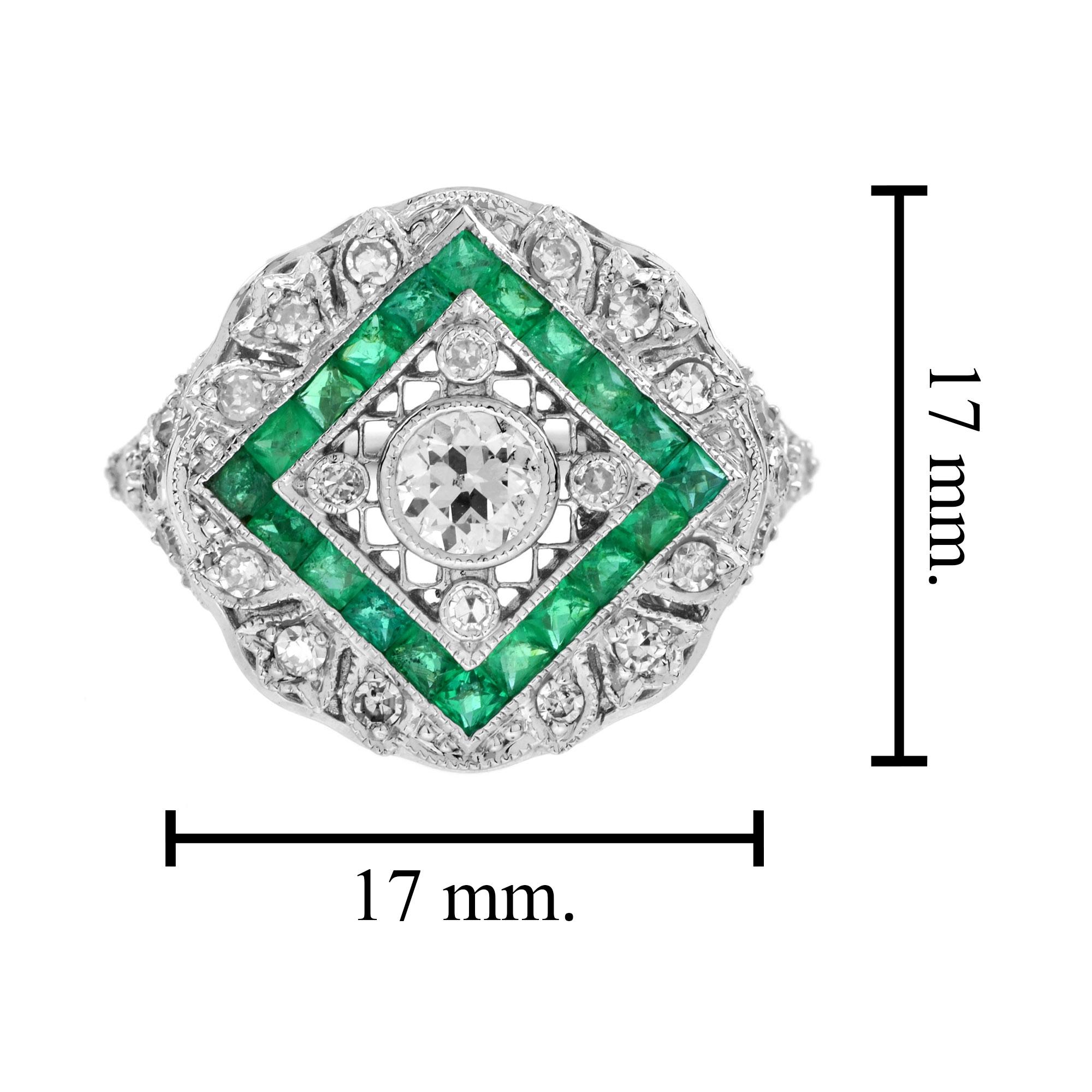 Diamond and Emerald Art Deco Style Ring in 18K White Gold 3