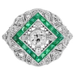 Diamond and Emerald Art Deco Style Ring in 18K White Gold