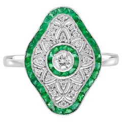 Diamond and Emerald Art Deco Style Ring in 18K White Gold