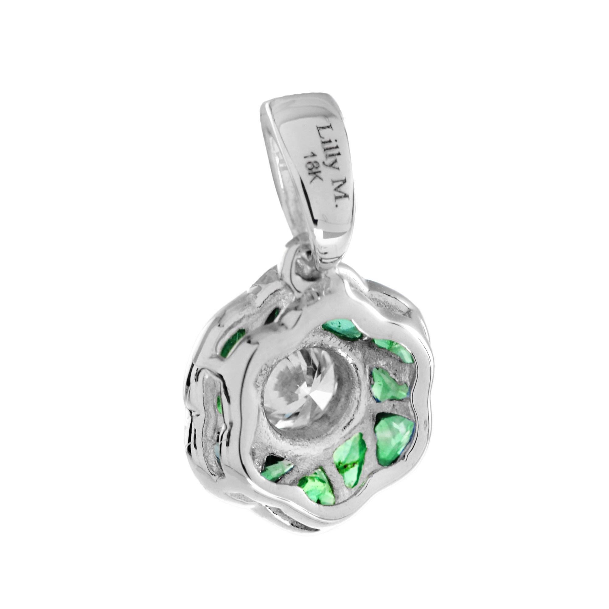 Diamond and Emerald Art Deco Style Rose Flower Pendant in 14K White Gold im Angebot 1