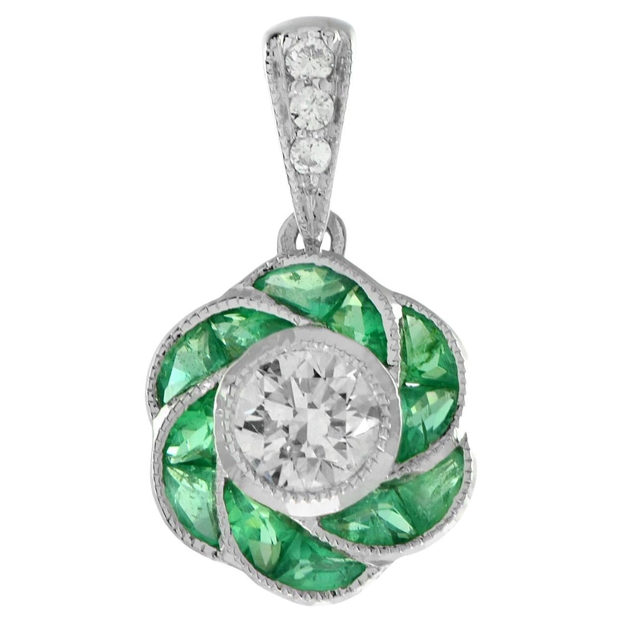 Diamond and Emerald Art Deco Style Rose Flower Pendant in 14K White Gold