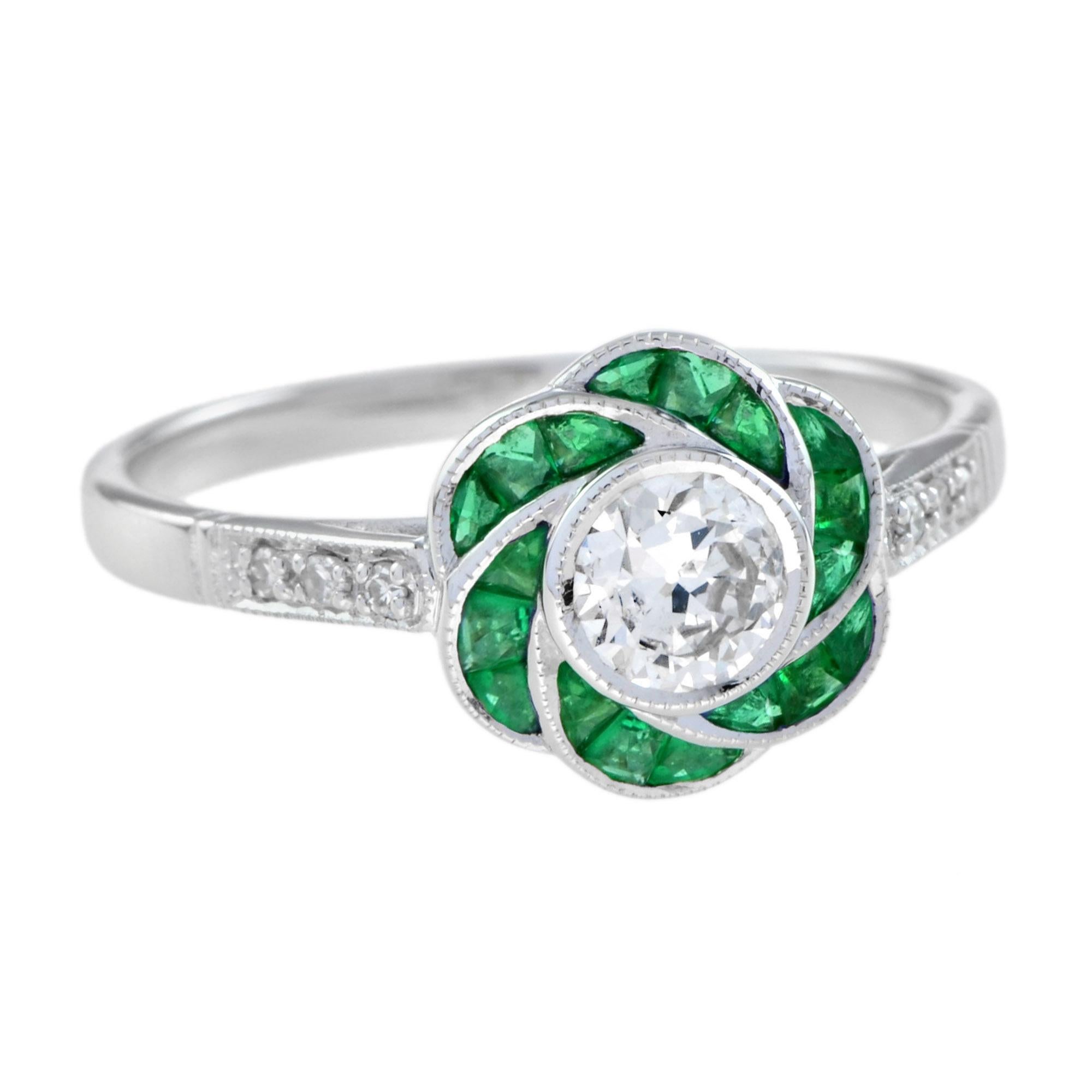 For Sale:  Diamond and Emerald Art Deco Style Rose Flower Ring in 18K White Gold 3