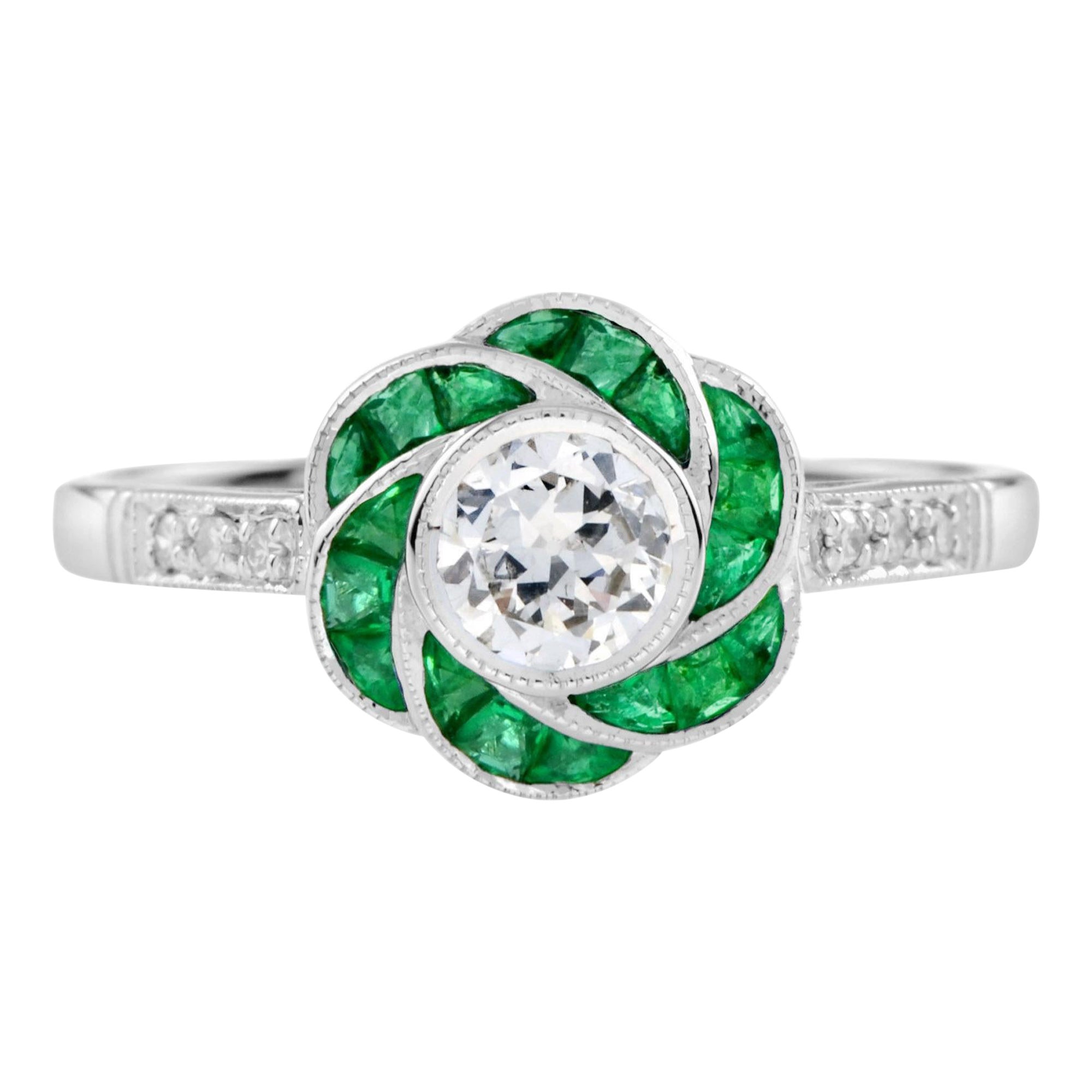 Bague fleur de rose en or blanc 18 carats, diamants et émeraudes, style Art déco