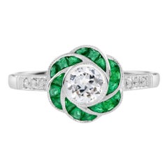 Bague fleur de rose en or blanc 18 carats, diamants et émeraudes, style Art déco