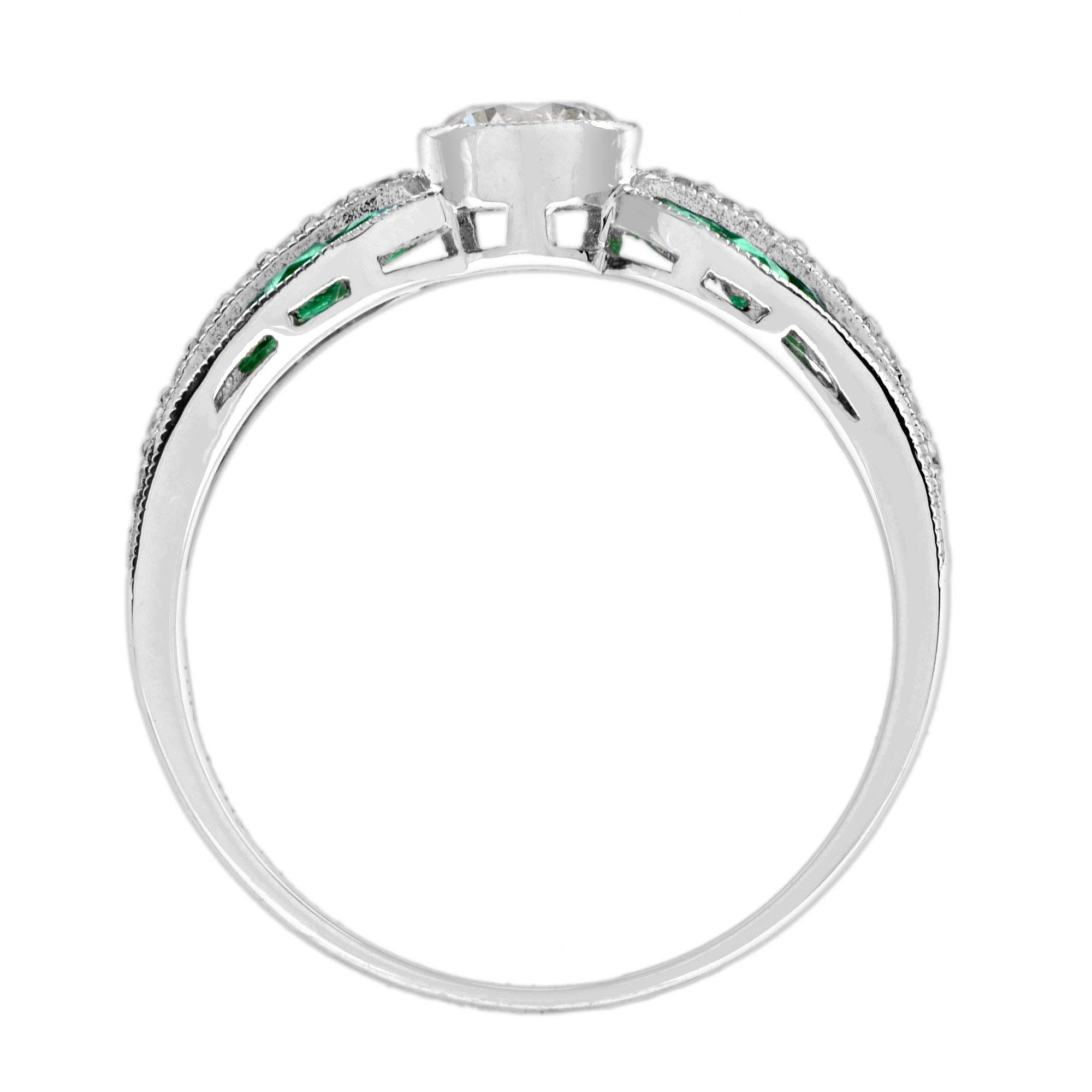 De las mujeres Anillo de compromiso solitario de diamantes y esmeraldas estilo Art Decó en oro blanco de 18 quilates en venta
