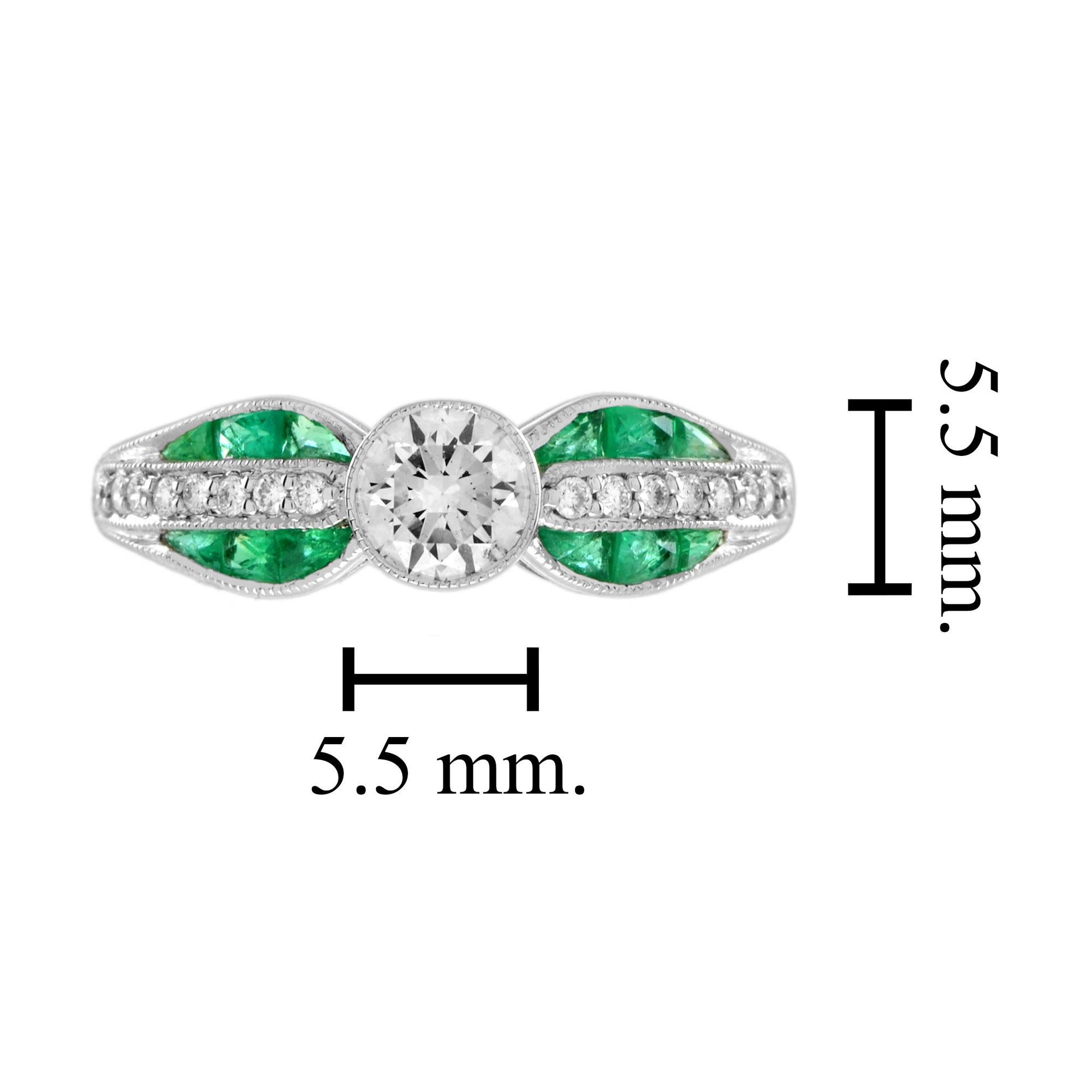 Anillo de compromiso solitario de diamantes y esmeraldas estilo Art Decó en oro blanco de 18 quilates en venta 1