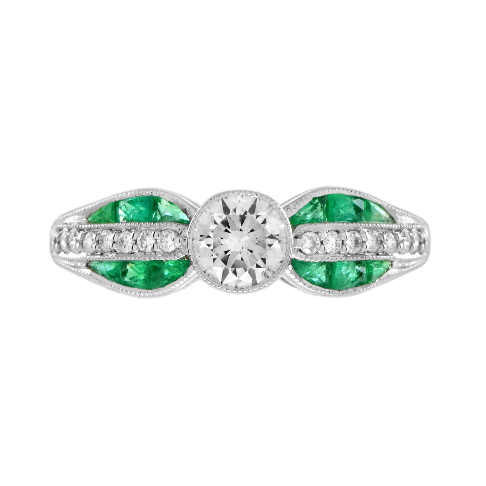 For Sale:  Diamond and Emerald Art Deco Style Solitaire Ring in 18K White Gold 3