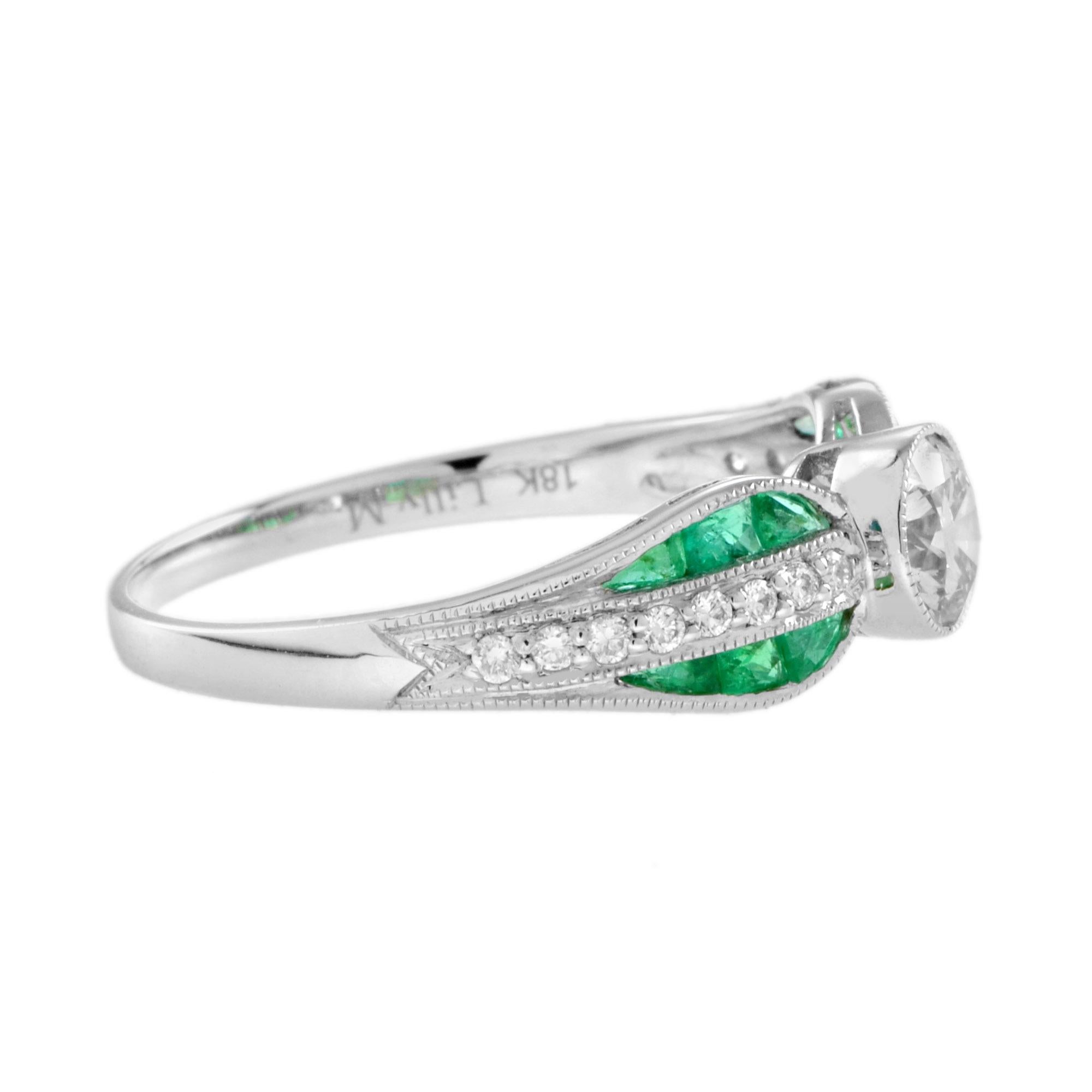 Diamond and Emerald Art Deco Style Solitaire Ring in 18K White Gold 4
