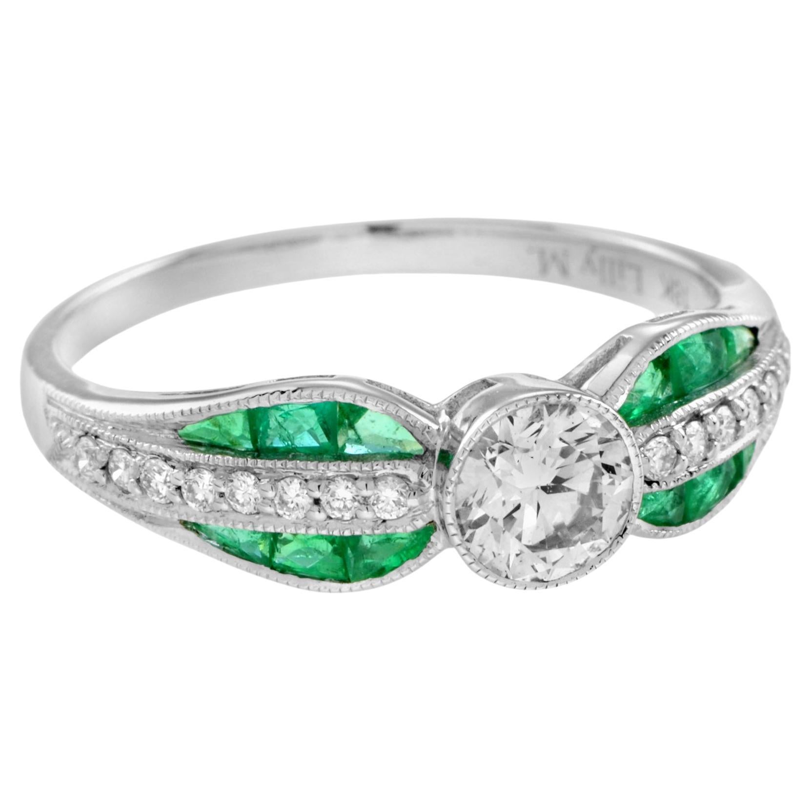 For Sale:  Diamond and Emerald Art Deco Style Solitaire Ring in 18K White Gold