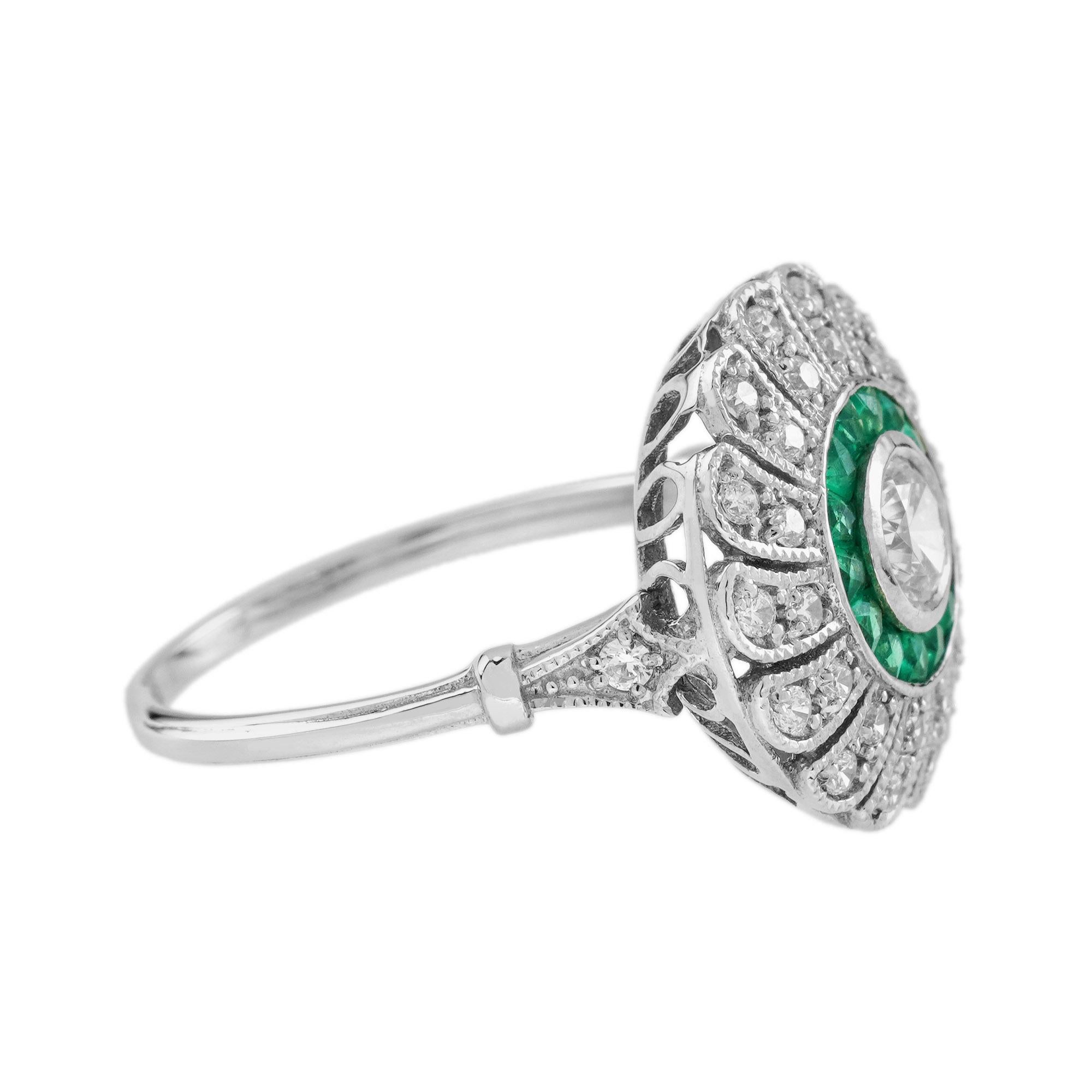 Diamond and Emerald Art Deco Style Strand Engagement Ring in 18K White Gold In New Condition For Sale In Bangkok, TH