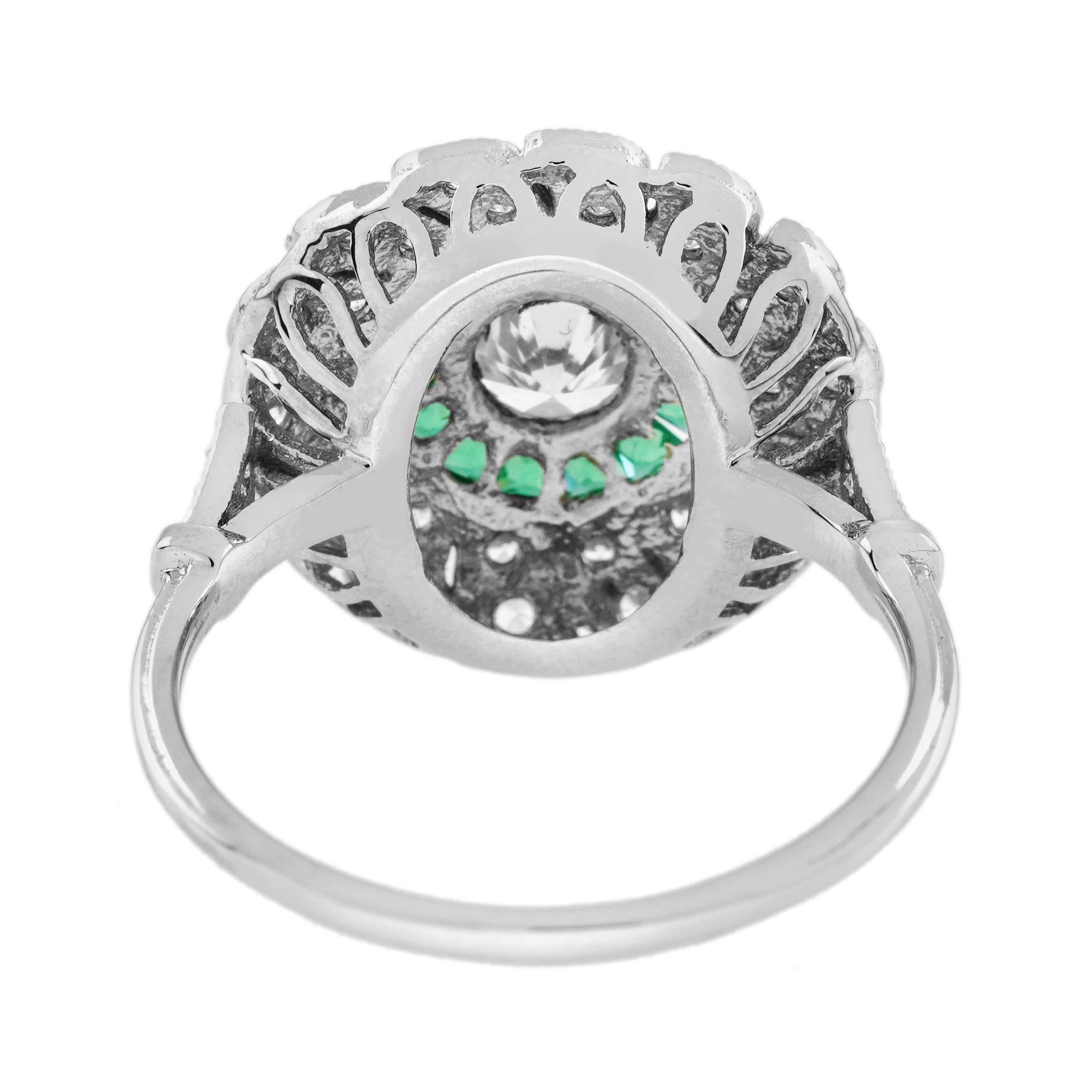 Women's Diamond and Emerald Art Deco Style Strand Engagement Ring in 18K White Gold For Sale