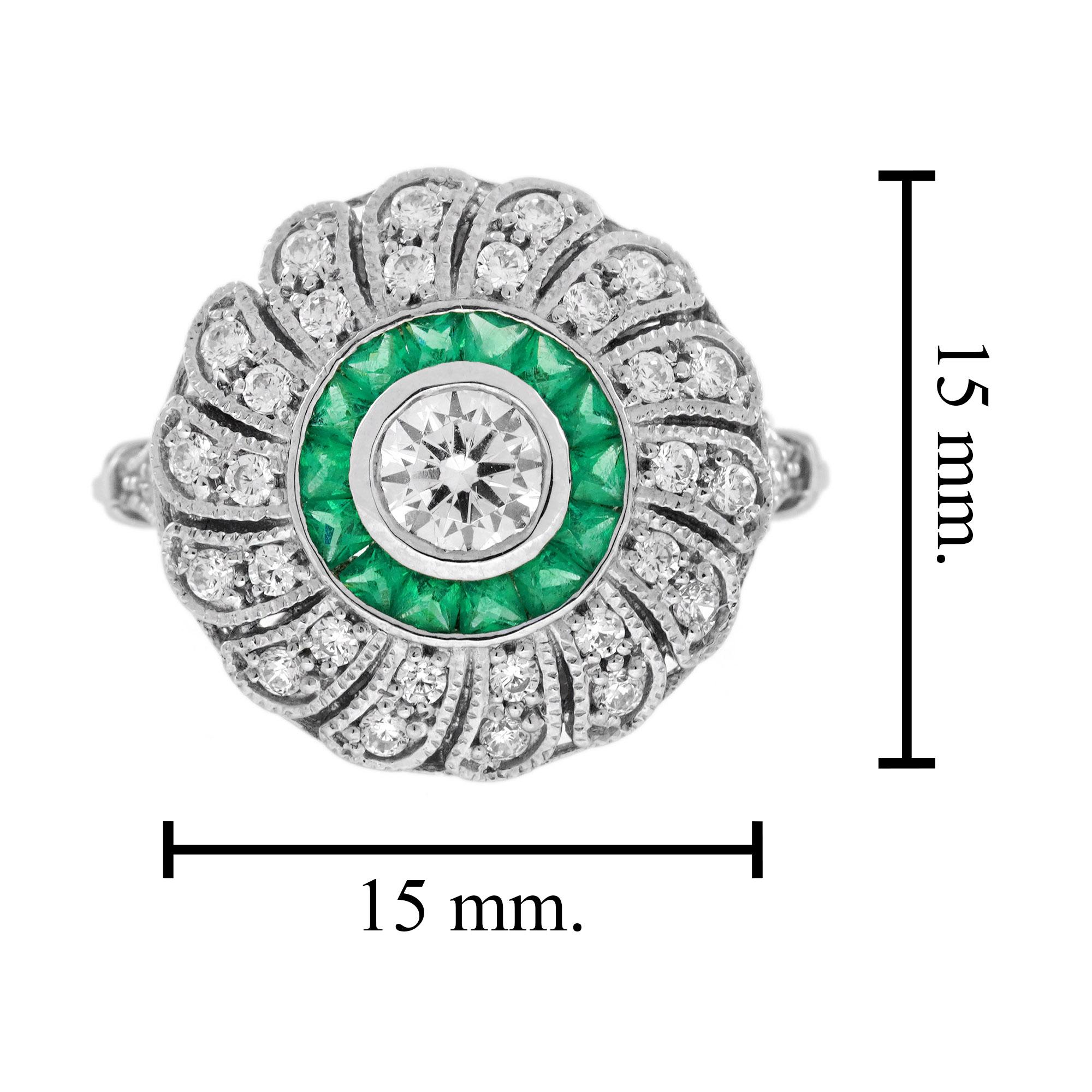 Diamond and Emerald Art Deco Style Strand Engagement Ring in 18K White Gold For Sale 2