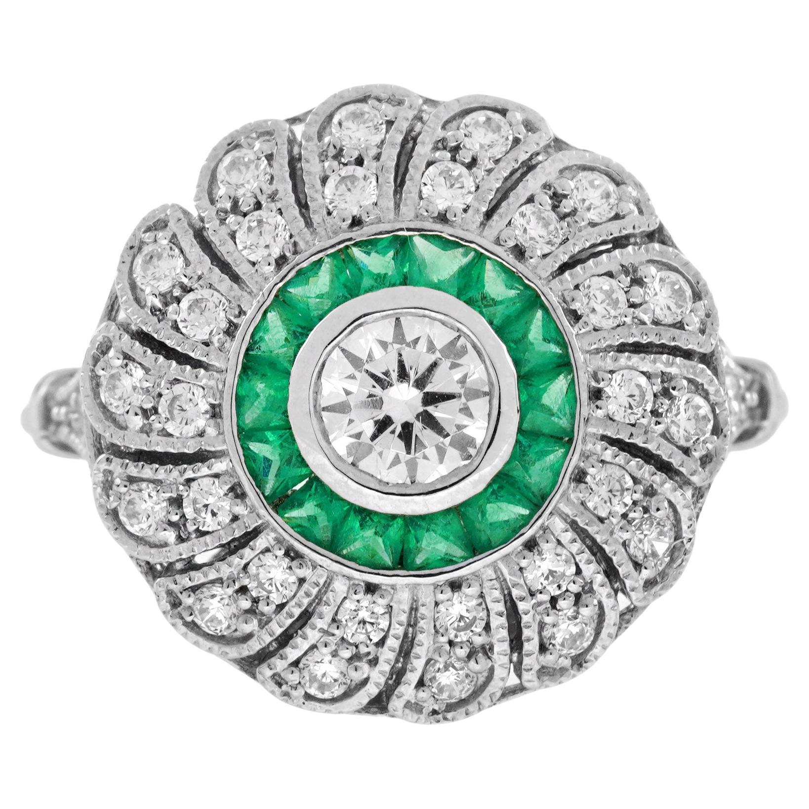 Diamond and Emerald Art Deco Style Strand Engagement Ring in 18K White Gold For Sale