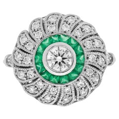 Diamond and Emerald Art Deco Style Strand Engagement Ring in 18K White Gold