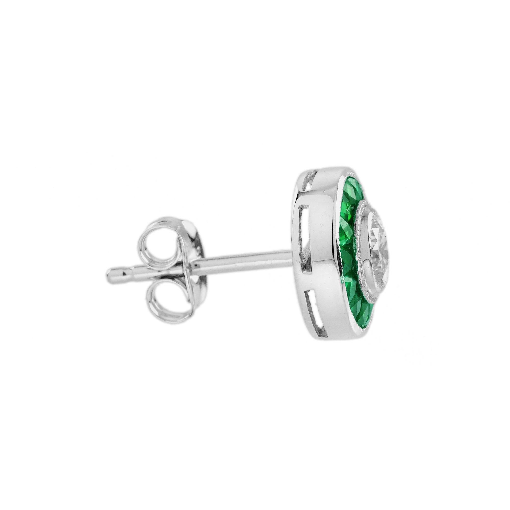 Round Cut Diamond and Emerald Art Deco Style Stud Earrings in 18K White Gold For Sale