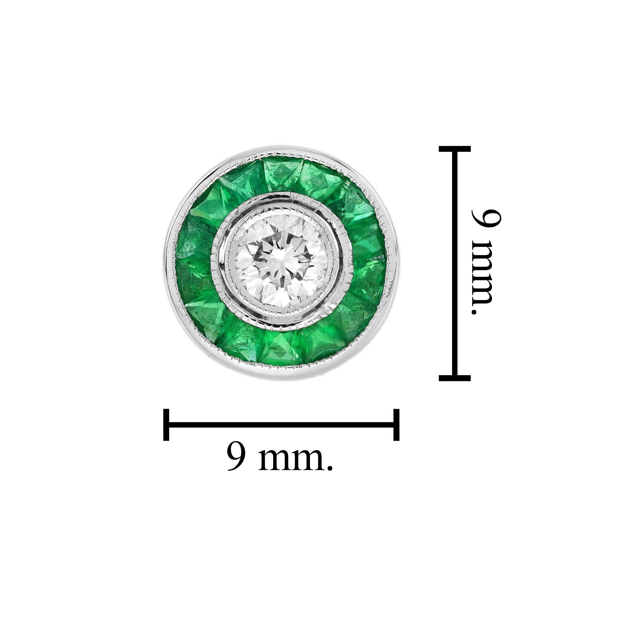Women's Diamond and Emerald Art Deco Style Stud Earrings in 18K White Gold For Sale
