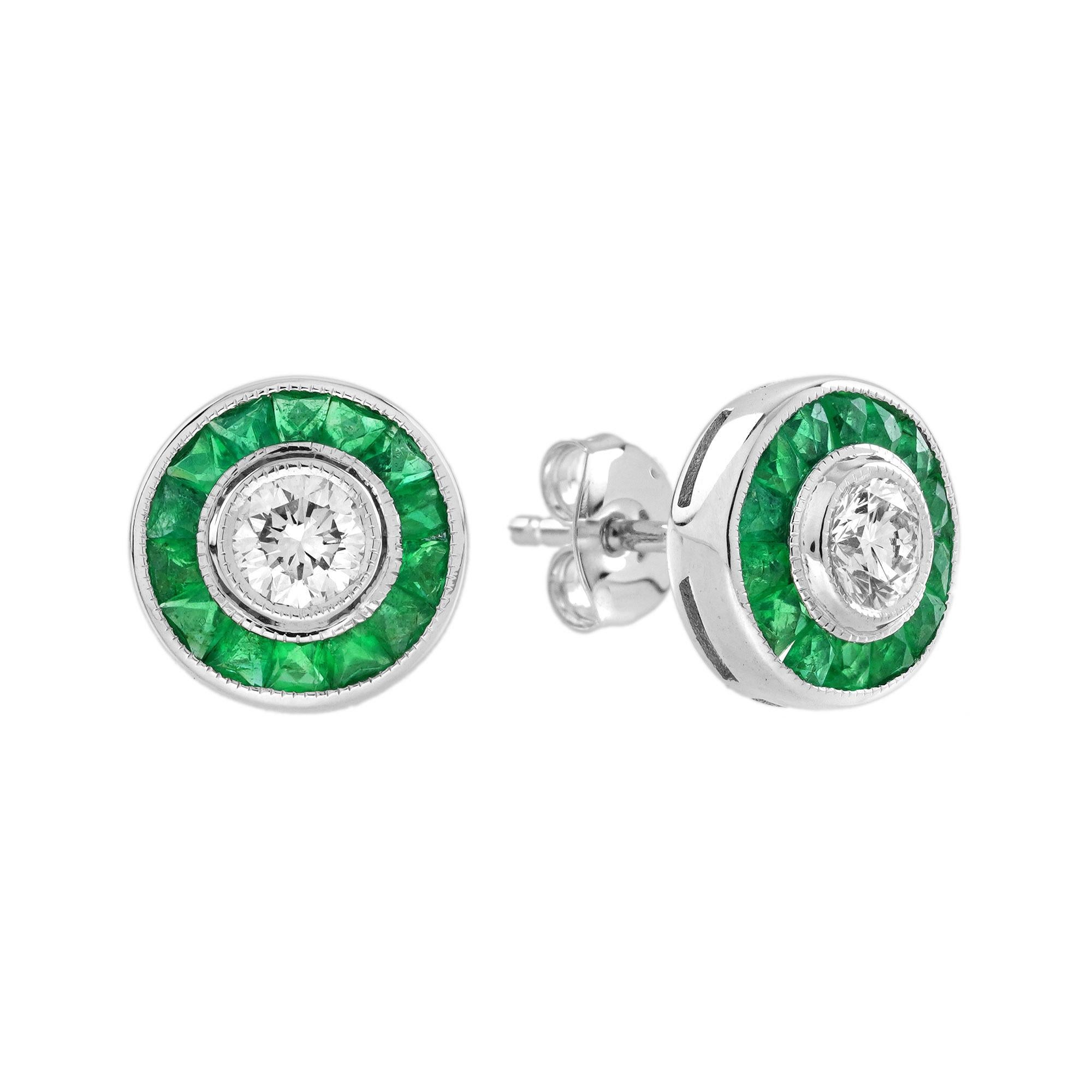 Diamond and Emerald Art Deco Style Stud Earrings in 18K White Gold
