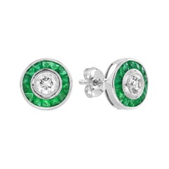 Diamond and Emerald Art Deco Style Stud Earrings in 18K White Gold