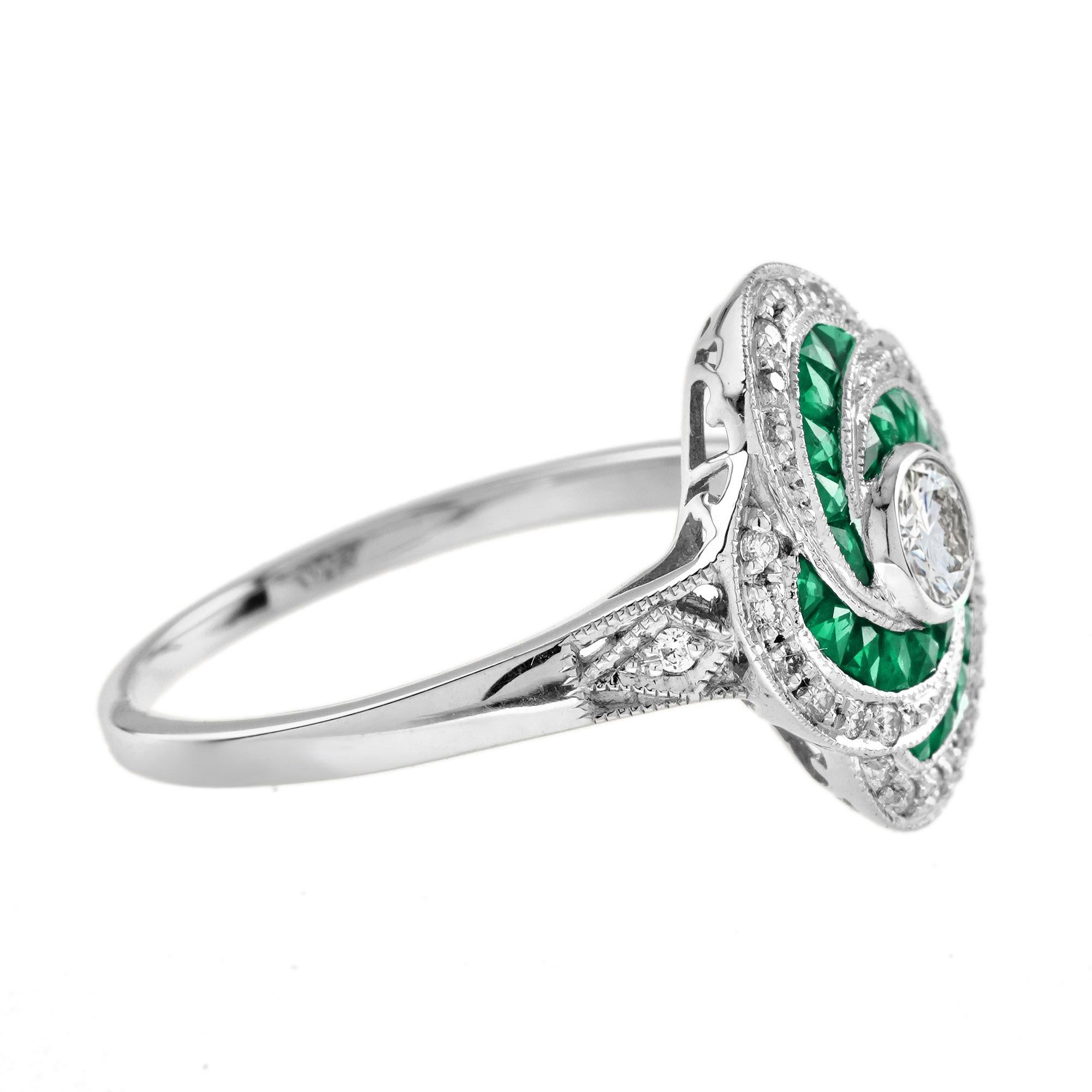 Diamond and Emerald Art Deco Style Swirling Engagement Ring in 18K White Gold In New Condition For Sale In Bangkok, TH