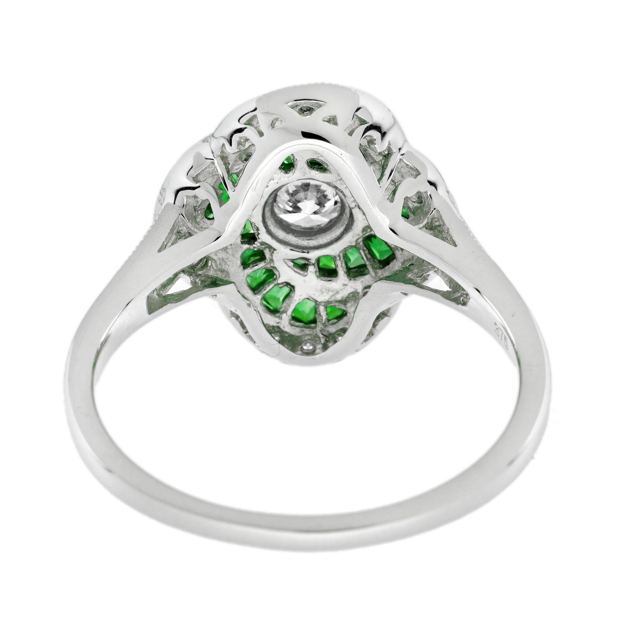 Women's Diamond and Emerald Art Deco Style Swirling Engagement Ring in 18K White Gold For Sale
