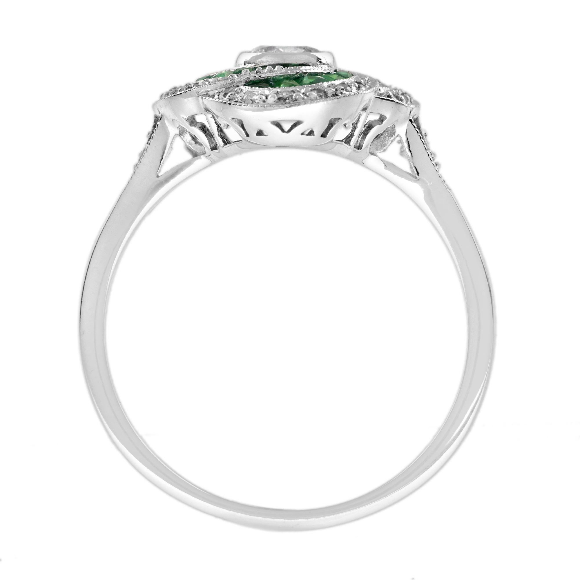 Diamond and Emerald Art Deco Style Swirling Engagement Ring in 18K White Gold For Sale 1