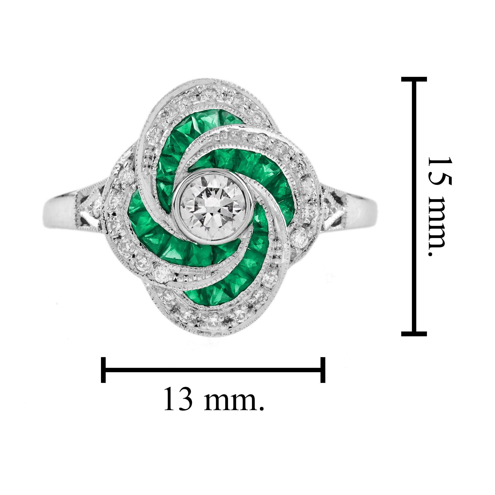 Diamond and Emerald Art Deco Style Swirling Engagement Ring in 18K White Gold For Sale 2