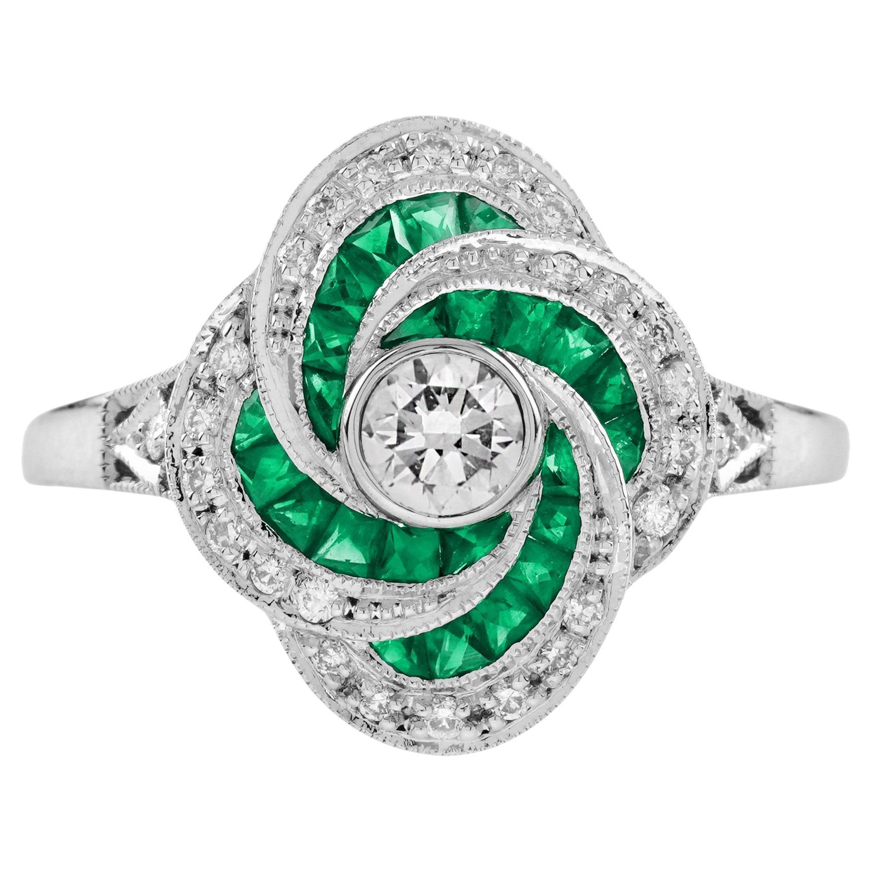 Diamond and Emerald Art Deco Style Swirling Engagement Ring in 18K White Gold For Sale