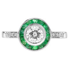 Anello di fidanzamento target con diamante e smeraldo in stile Art Déco in platino 950