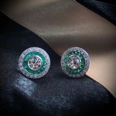 Diamond and Emerald Art Deco Style Target Stud Earrings in 18K White Gold