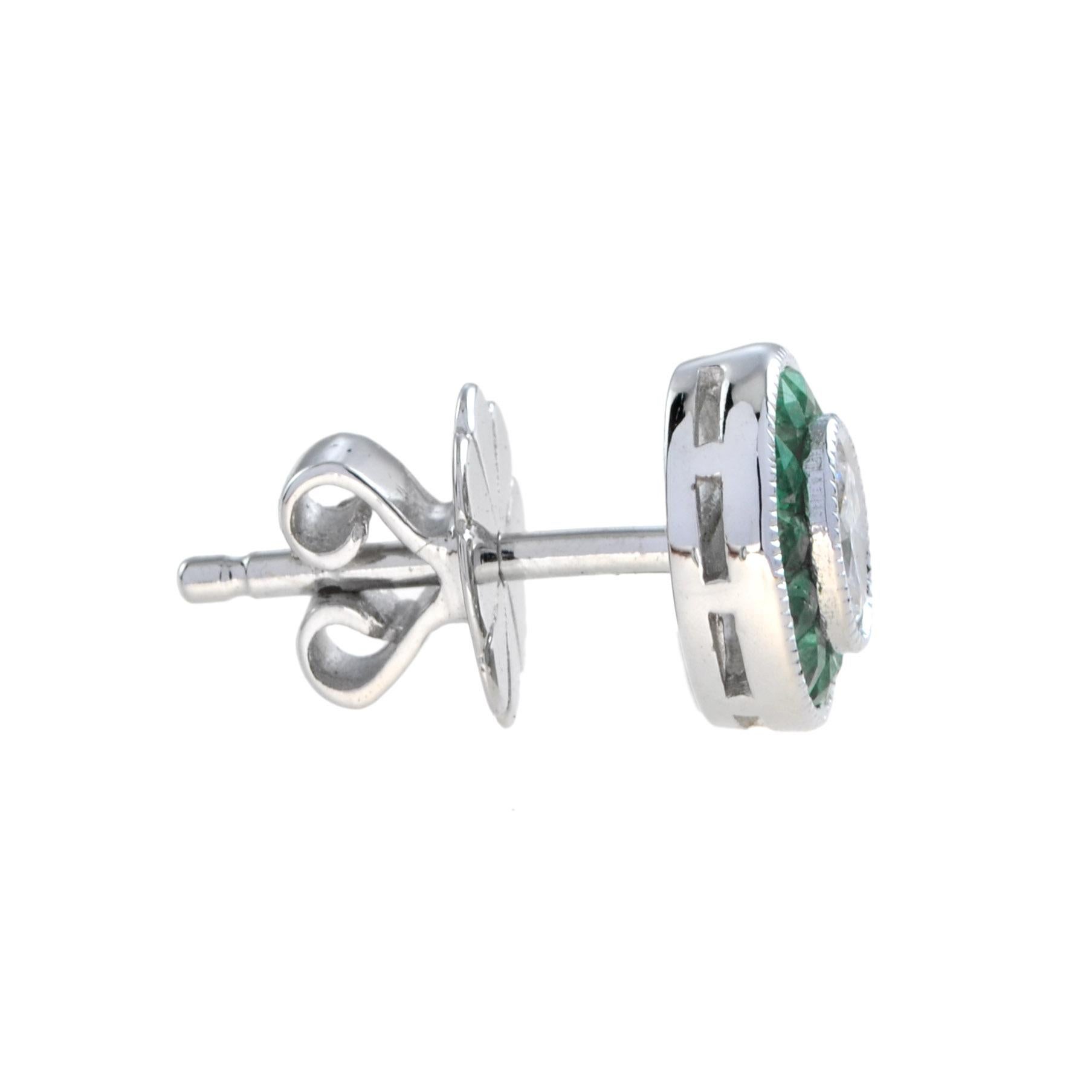 Oval Cut Diamond and Emerald Art Deco Style Target Stud Earrings in 18K White Gold For Sale