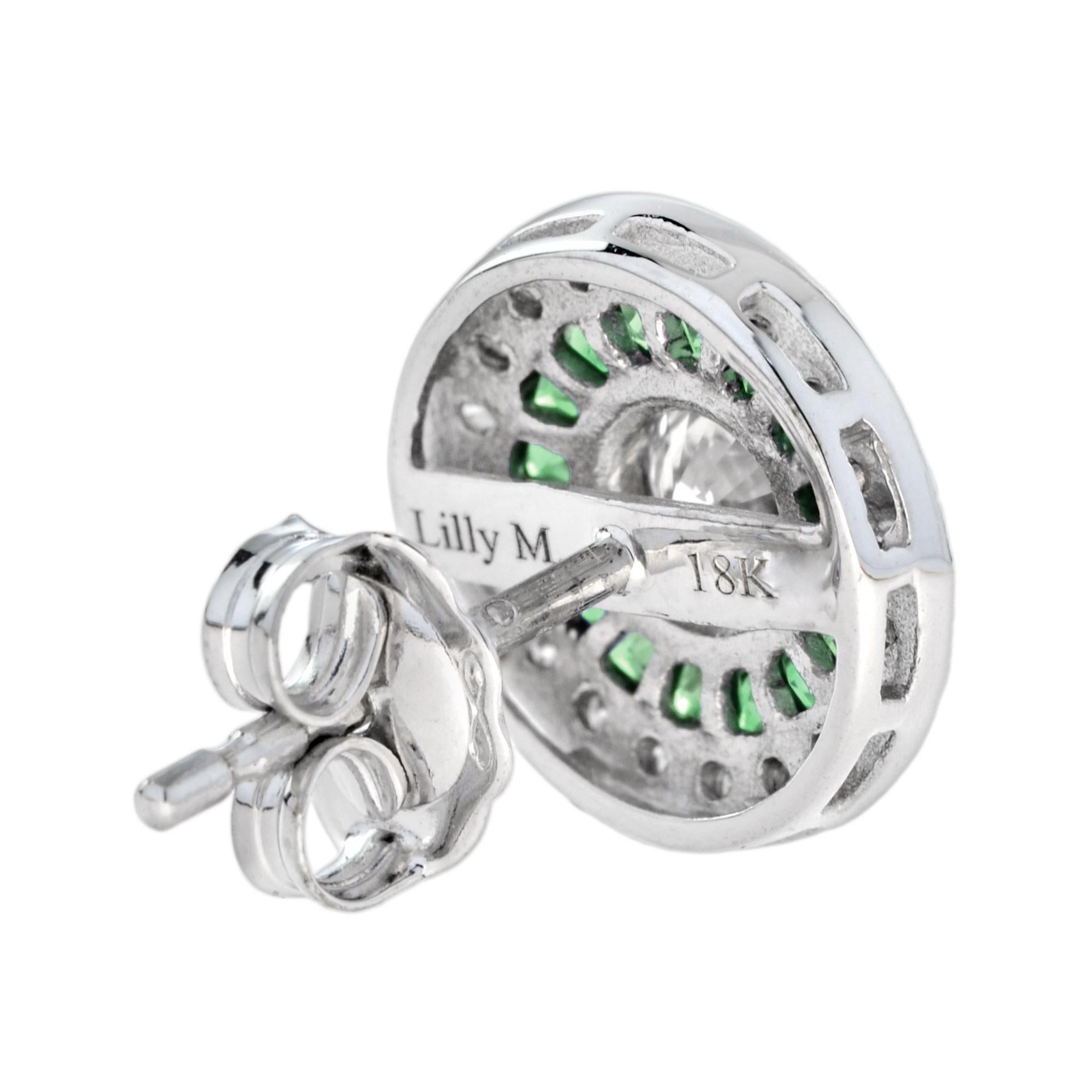 Boucles d'oreilles cible en or blanc 18 carats, diamants et émeraudes de style Art déco Neuf - En vente à Bangkok, TH