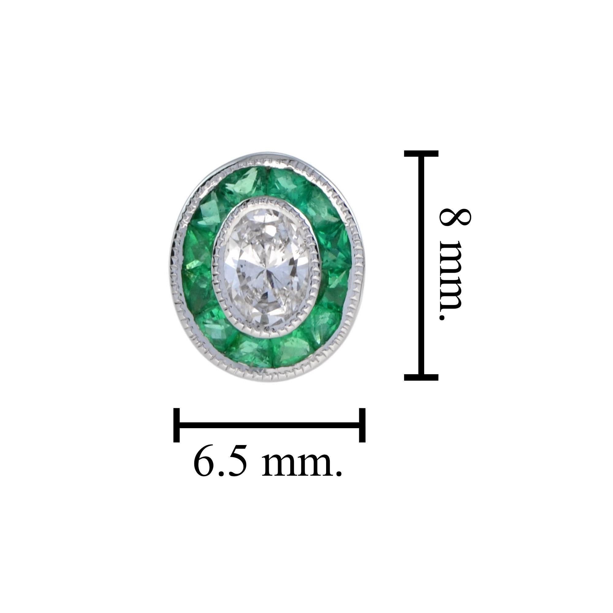 Women's Diamond and Emerald Art Deco Style Target Stud Earrings in 18K White Gold For Sale